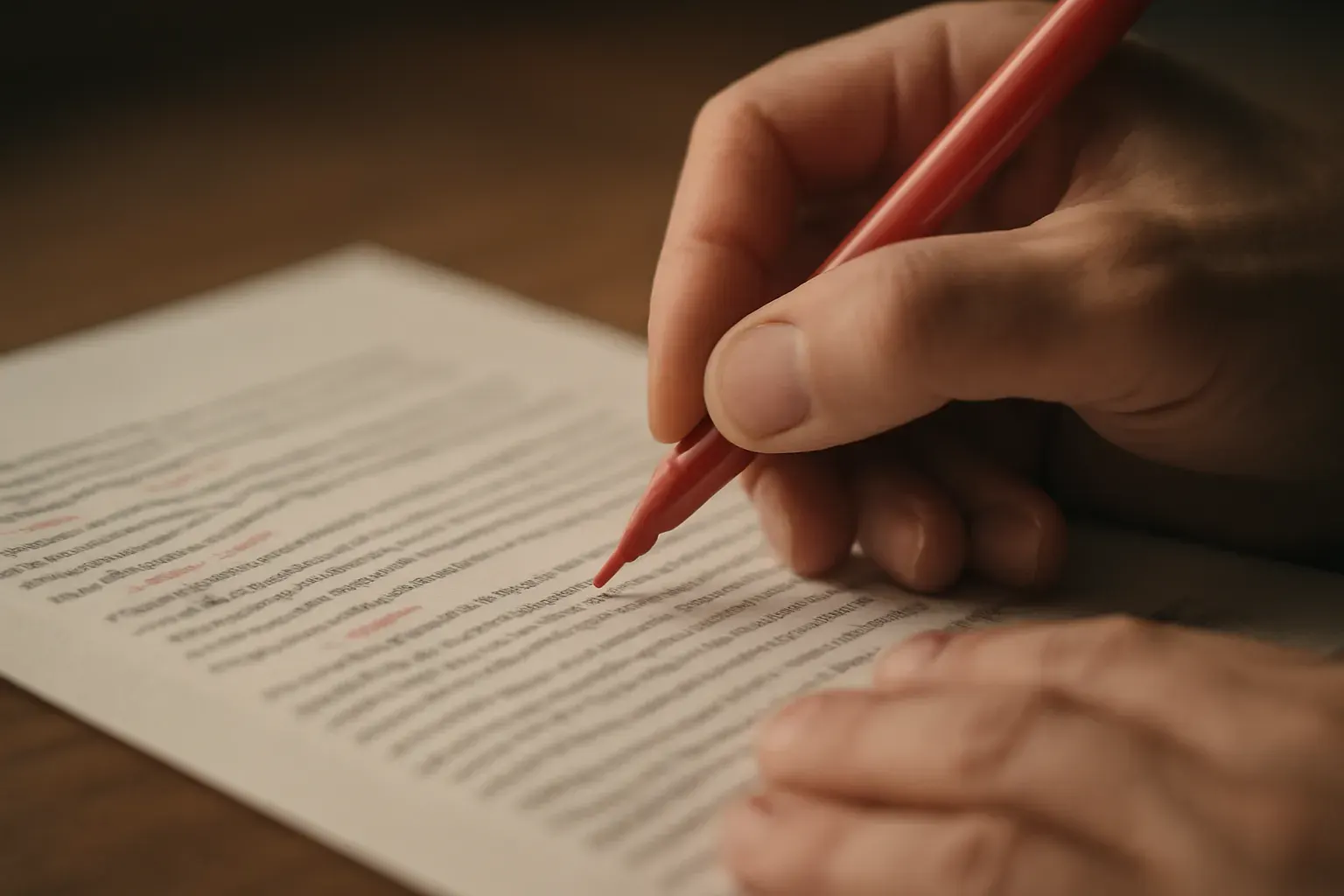 Hands reviewing a printed translation with red pen marks