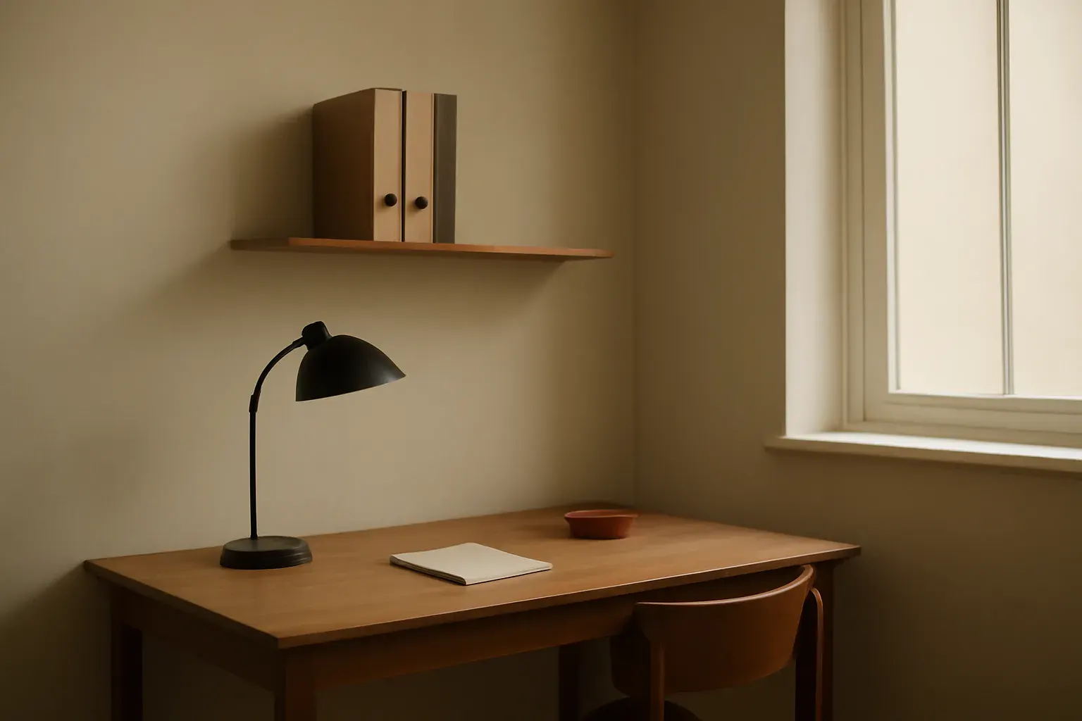 The office interior, warm and uncluttered