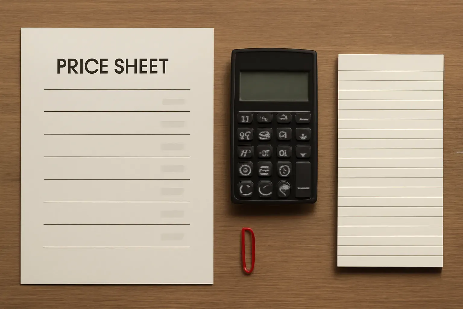 Overhead of a price sheet and calculator
